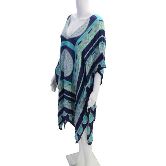 Theodora & Callum Womens Linen Geometric Print Tunic Sheer Cover-Up Blue Size M - Picture 2 of 4